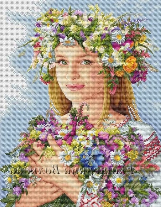 Схема вышивки Девушка в венке с букетом цветов
